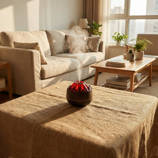 Diminutive Charcoal USB Air Humidifier displayed on a fabric tablecloth in a cozy living room with natural sunlight and relaxed atmosphere.