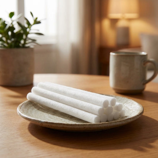 Petite cotton stick resting on a ceramic dish in a warm, ambient living room setting.