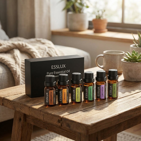 Tiny AromaPure essential oils bottles arranged on a rustic wooden surface in a cozy, warm-lit living environment.