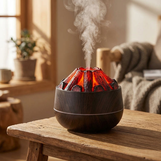 Close-up of the Charcoal USB Air Humidifier showing its textured charcoal exterior and minimalist design in warm natural light.
