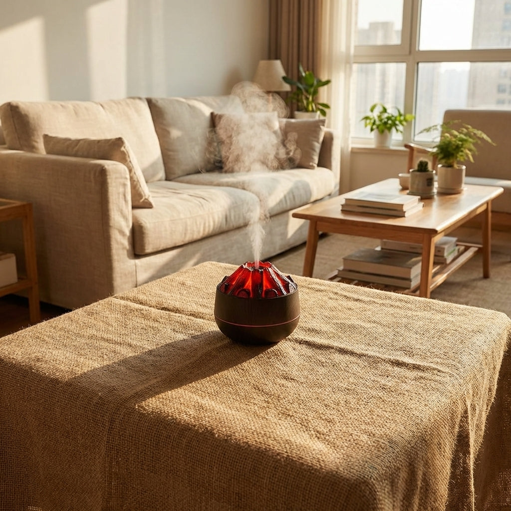 Diminutive Charcoal USB Air Humidifier displayed on a fabric tablecloth in a cozy living room with natural sunlight and relaxed atmosphere.