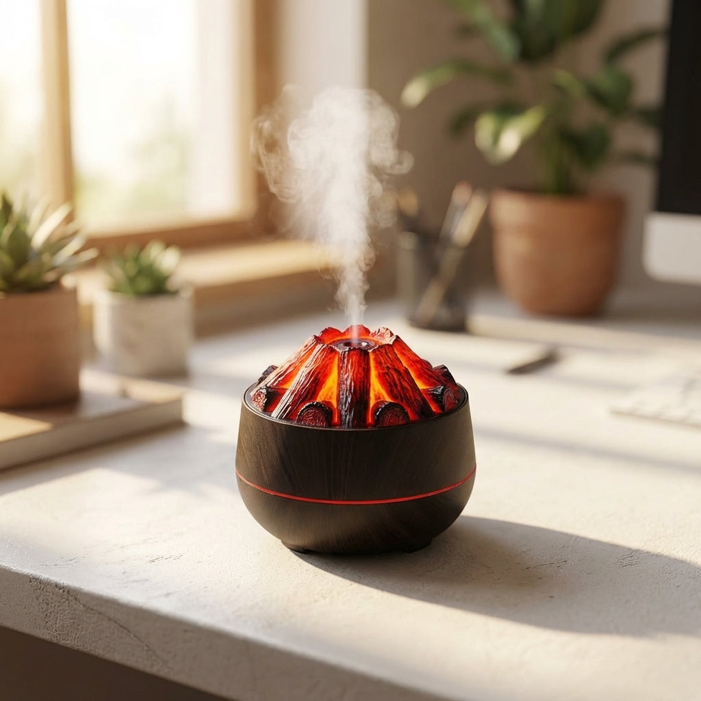 Artistic shot of the compact Charcoal USB Air Humidifier on a white desk in a modern workspace with natural light and surrounding plants.