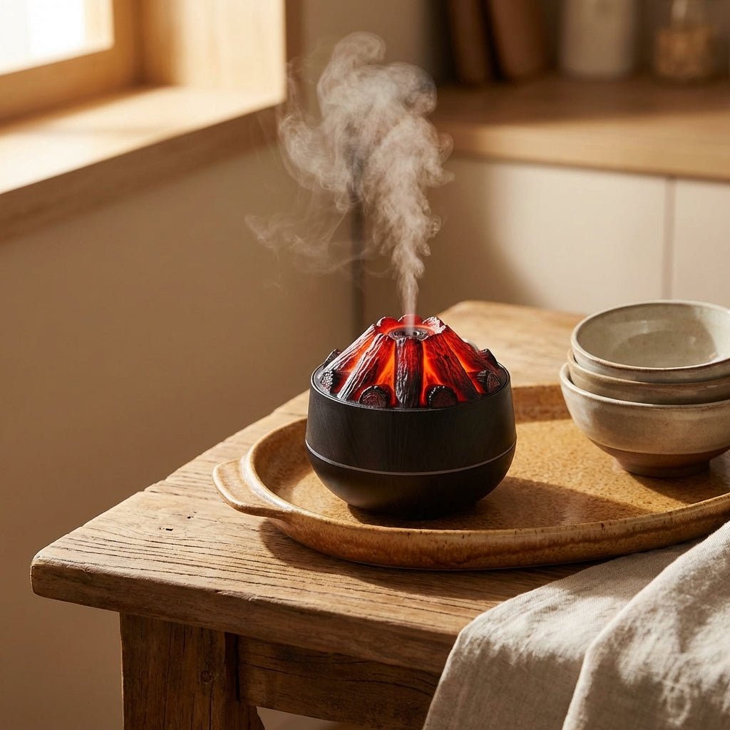 Top-down scene of the Charcoal USB Air Humidifier on a warm ceramic tray, highlighting surface textures with natural daylight in a cozy kitchen nook.
