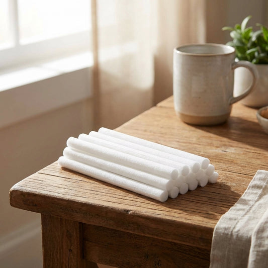 Small cotton stick on rustic wooden counter in warm, softly lit kitchen scene.