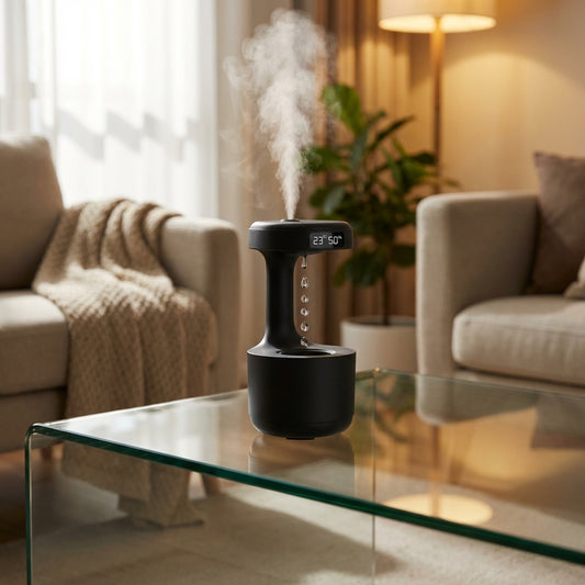 Full-body shot of a compact anti-gravity humidifier on a modern glass coffee table in a warm living room, showcasing clock and fog features for bedroom or office.