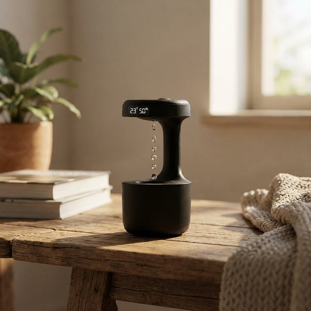 Close-up macro of a tiny anti-gravity humidifier demonstrating water drop backflow and micro-etched clock, illuminated by natural warm light in a cozy space.