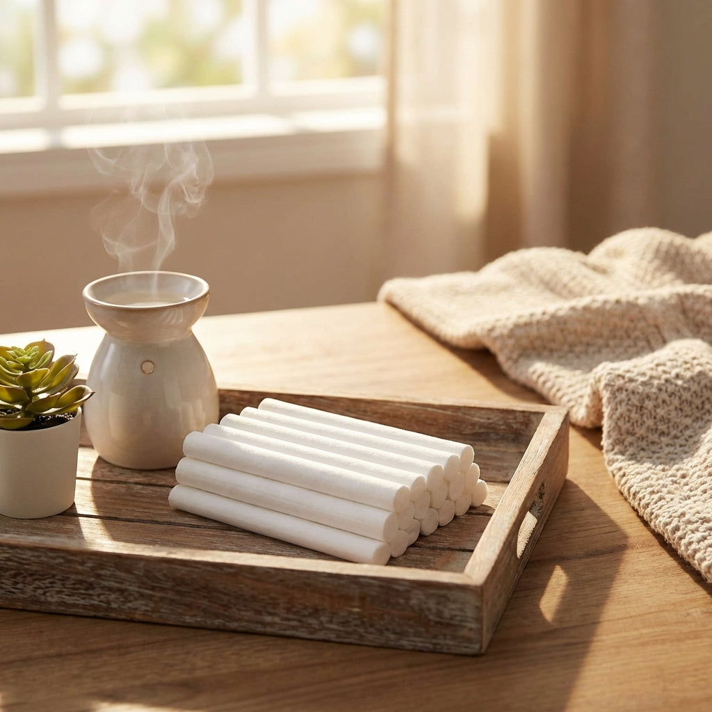 Cotton stick on bamboo tray beside diffuser in a cozy, well-lit living room scene.