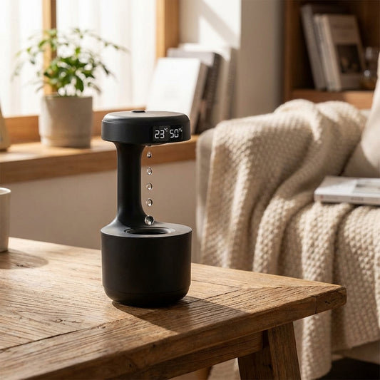 Close-up of a small anti-gravity humidifier with water drop backflow effect, clock display, placed on a rustic wooden table in a cozy living room.