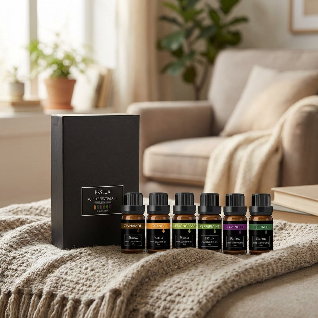 Set of six small AromaPure essential oil bottles placed on plush fabric in a warmly lit living room, emphasizing their micro-details.
