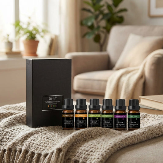 Set of six small AromaPure essential oil bottles placed on plush fabric in a warmly lit living room, emphasizing their micro-details.